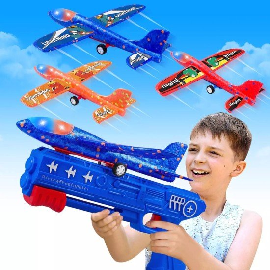 AIRPLANE WITH LAUNCHER & HAND THROWING TOY