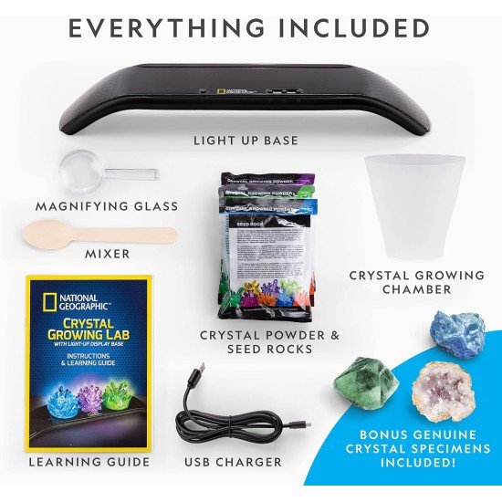 National Geographic Crystal Growing Kit - 3 Vibrant Colored Crystals To Grow With Light-Up Display Stand