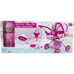 Lissi - Deluxe Doll Pram With 33CM Baby Doll - Diaper Bag & Accessories Included