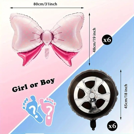 12pcs, Pink Bow Car Wheel Foil Balloons, Gender Reveal Party Balloon, Perfect For Baby Shower Birthday & Celebration Decorations