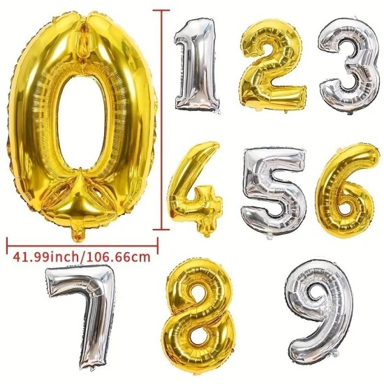 1pc, 81.28 Cm Silvery Number Foil Balloons, Birthday Party Decor Supplies, Number Balloons