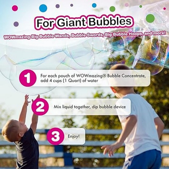 WOWmazing Bubble Concentrate Solution (up to 2.3 Gallons) - Big Bubbles (3 Pouches of Bubble Refill) – Just Add Water – Made in USA