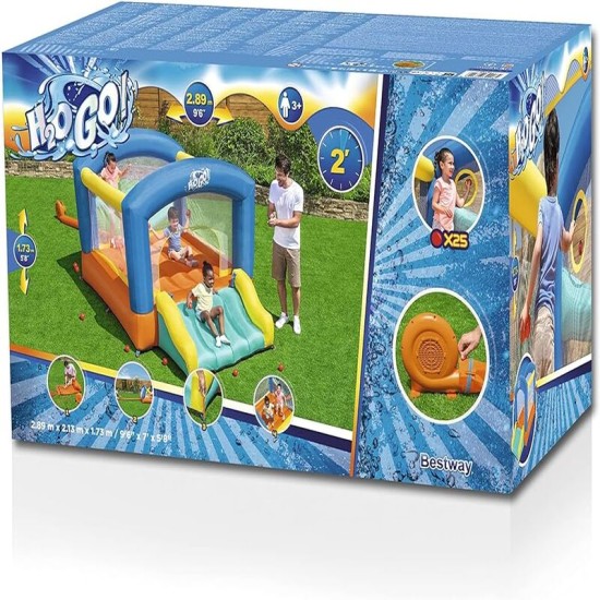 BESTWAY9'6" X 7' X 5'8"/2.89M X 2.13M X 1.73M LEAP & PLAY MEGA BOUNCER (1 bouncer, 1 blower (stakes included), 1 repair kit (multiple assorted patches), 1 storage bag, 9 bouncer stakes, 25 play balls) Age 3+