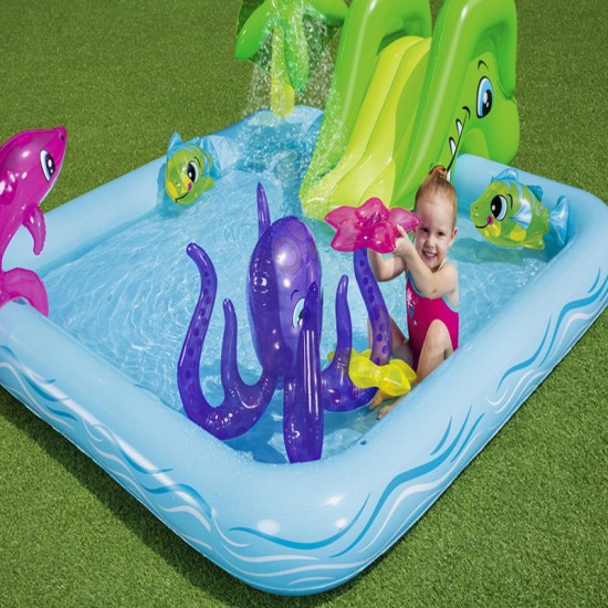 BESTWAY7'10" X 6'9" X 34"/2.39M X 2.06M X 86CM FANTASTIC AQUARIUM PLAY CENTER (Contents:One pool, one slide, one dolphin, two clown fish, one octopus, two rings, repair patch) Age 2+