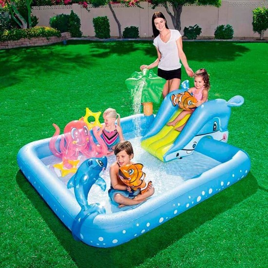 BESTWAY7'10" X 6'9" X 34"/2.39M X 2.06M X 86CM FANTASTIC AQUARIUM PLAY CENTER (Contents:One pool, one slide, one dolphin, two clown fish, one octopus, two rings, repair patch) Age 2+