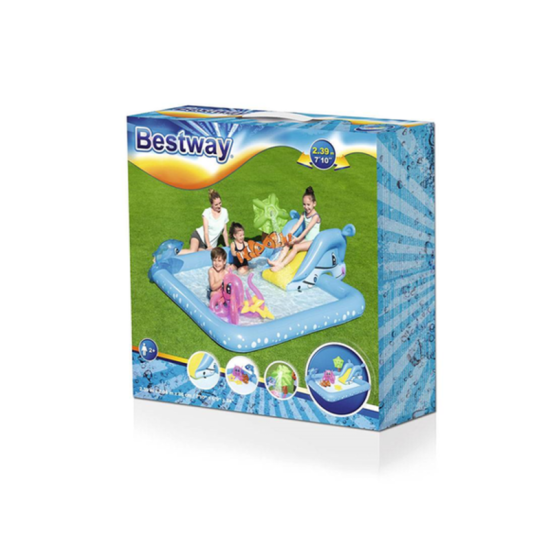 BESTWAY7'10" X 6'9" X 34"/2.39M X 2.06M X 86CM FANTASTIC AQUARIUM PLAY CENTER (Contents:One pool, one slide, one dolphin, two clown fish, one octopus, two rings, repair patch) Age 2+