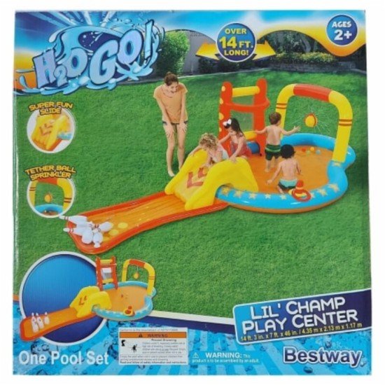 BESTWAY 14'3" X 7' X 46"/4.35M X 2.13M X 1.17M LIL' CHAMP PLAY CENTER (One pool,one slide,six bowling pins,one basketball stand,two inflatable rings,4 play balls,repair patch.) Age 2+