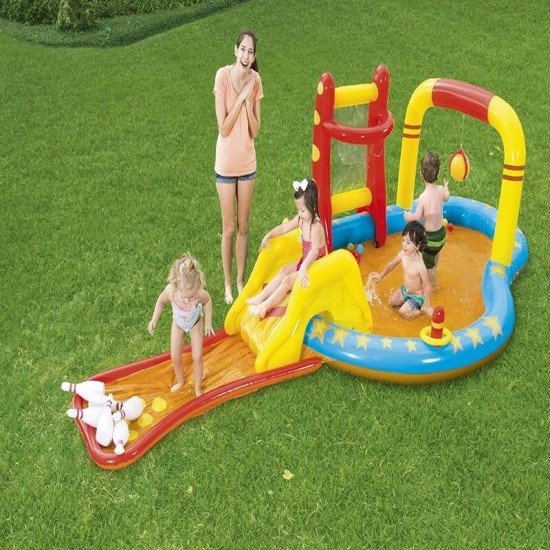 BESTWAY 14'3" X 7' X 46"/4.35M X 2.13M X 1.17M LIL' CHAMP PLAY CENTER (One pool,one slide,six bowling pins,one basketball stand,two inflatable rings,4 play balls,repair patch.) Age 2+