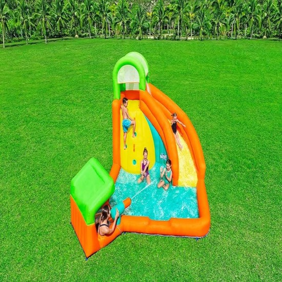 BESTWAY14' X 12'1" X 8'8"/4.26M X 3.69M X 2.64M CANOPY COVE MEGA WATER PARK (Contents: 1 slide, 1 blower (stakes included), 1 repair kit (multiple assorted patches), 1 storage bag, 11 bouncer stakes, 1 water spraying hose assembly) Age 5+