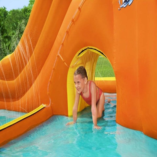 BESTWAY18'6" X 12'3" X 8'8"/5.65M X 3.73M X 2.65M TIDAL TOWER MEGA WATER PARK (Contents:1 slide, 1 blower(stakes included), 1 repair kit (multiple assorted patches), 1 storage bag,13 bouncer stakes, 1 waters spraying hose,) Age 5+