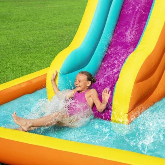 BESTWAY18'6" X 12'3" X 8'8"/5.65M X 3.73M X 2.65M TIDAL TOWER MEGA WATER PARK (Contents:1 slide, 1 blower(stakes included), 1 repair kit (multiple assorted patches), 1 storage bag,13 bouncer stakes, 1 waters spraying hose,) Age 5+