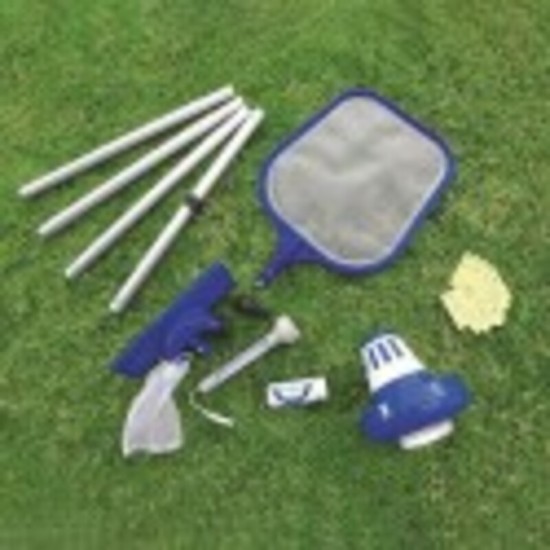 BESTWAYPOOL ACCESSORIES SET (Contents:1 mesh netting, 1 skimmer head, 4 aluminium pipes, 1 Chemical Floater, 1 Thermometer, 3-in-1 test stripe, 9 patch stripes.apply to 13'and below pools)