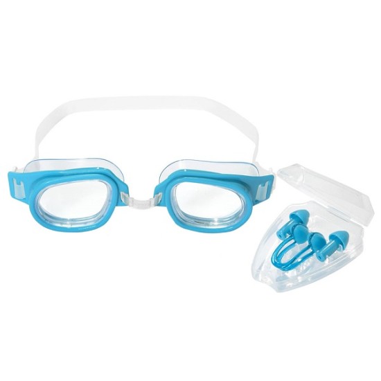 BESTWAY AQUANAUT ESSENTIAL GOGGLES SET (Contents:one pair of nose clips, one pair of ear plugs, and one pair of goggles,1 assorted colors) Age 7+