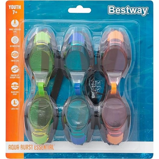 BESTWAY AQUA BURST ESSENTIAL 3-PACK GOGGLES (Contents:three pairs of goggles, 3 assorted colors) 