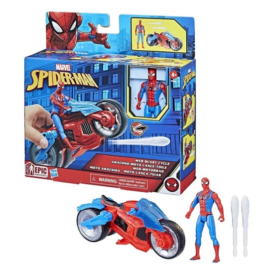 Marvel Spider-Man Web Blast Cycle, 4-Inch Action Figure with Vehicle and 2 Web Projectiles