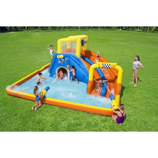 BESTWAY 18'1" X 16'6" X 8'8"/5.51M X 5.02M X 2.65M SUPER SPEEDWAY MEGA WATER PARK (1 slide, 1 blower, 1 repair kit (multiple assorted patches), 1 storage bag,10 bouncer stakes, 1 waters spraying hose,1 basketball) 