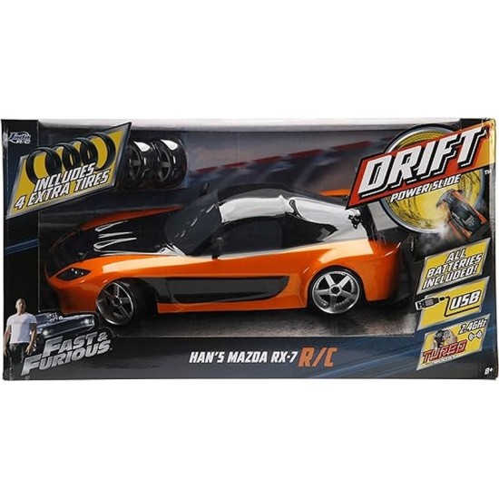 Jada Toys Fast & Furious Han’s Mazda RX-7 Drift RC Car, 1: 10 Scale 2.4Ghz Remote Control Orange & Black, Ready to Run, USB Charging 