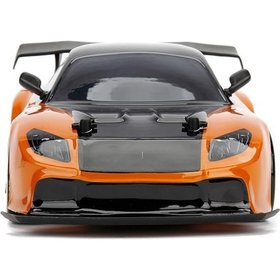 Jada Toys Fast & Furious Han’s Mazda RX-7 Drift RC Car, 1: 10 Scale 2.4Ghz Remote Control Orange & Black, Ready to Run, USB Charging 