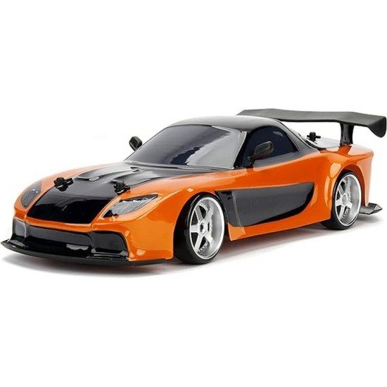 Jada Toys Fast & Furious Han’s Mazda RX-7 Drift RC Car, 1: 10 Scale 2.4Ghz Remote Control Orange & Black, Ready to Run, USB Charging 