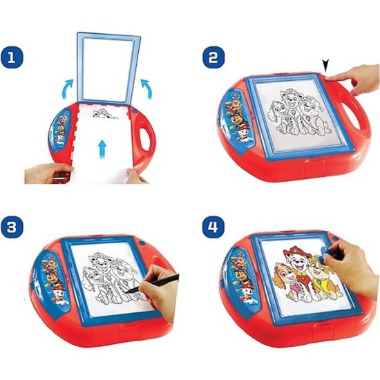 Lexibook Paw Patrol, Drawing Projector, 4 tampons, 10 templates, Lighting Screen, 1 Pen Included, Artistic and Creative Toy for Girls and Boys, Red/Blue