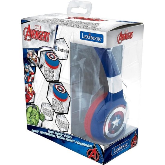 LEXIBOOK Avengers Marvel 2-in-1 Bluetooth Headphones for Kids - Stereo Wireless Wired, Kids Safe, Foldable, Adjustable, red/Blue