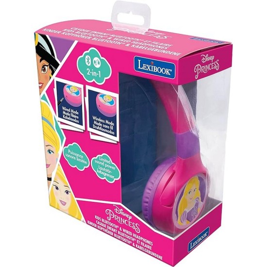 LEXIBOOK Disney Princess 2-in-1 Bluetooth Headphones for Kids - Stereo Wireless Wired, Kids Safe, Foldable, Adjustable