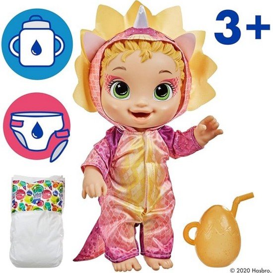 Baby Alive Dino Cuties Doll, Triceratops, Doll Accessories, Drinks, Wets, Triceratops Dinosaur Toy for Kids Ages 3 Years and Up, Blonde Hair