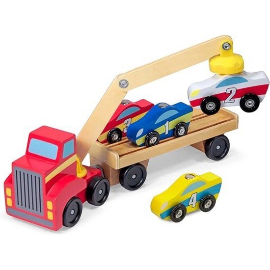 Melissa & Doug Magnetic Car Loader Wooden Toy Set With 4 Cars and 1 Semi-Trailer Truck