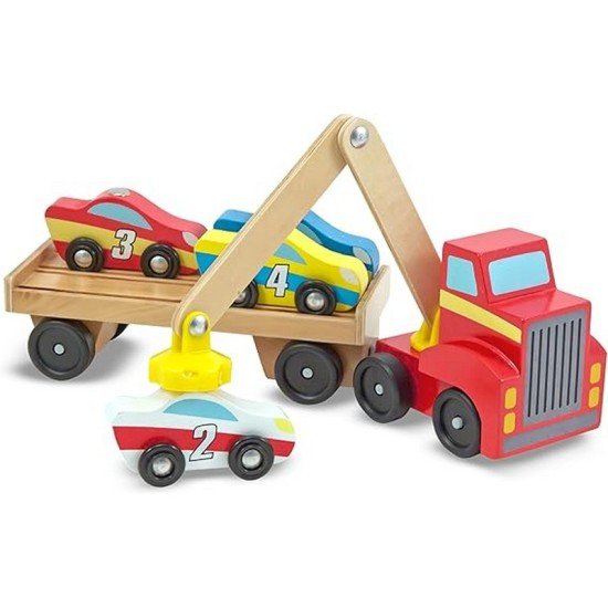 Melissa & Doug Magnetic Car Loader Wooden Toy Set With 4 Cars and 1 Semi-Trailer Truck