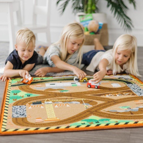 Melissa & Doug Round The Construction Zone Work Site Rug & Vehicle Set