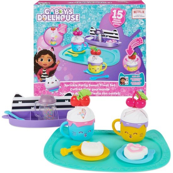 Gabby’s Dollhouse, Sprinkle Party Sweet Treat Set, Pretend Play Kitchen Hot Cocoa Party