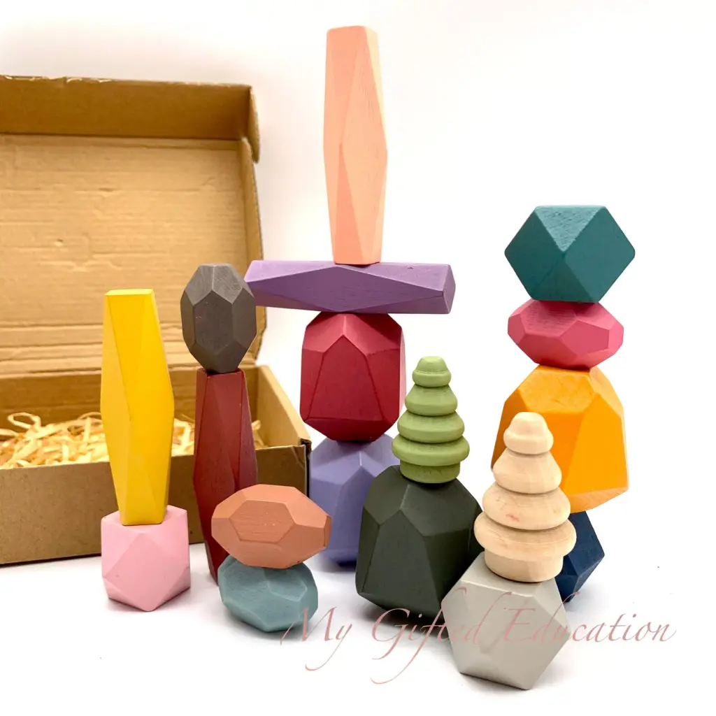 Wooden Stacking Balancing Rainbow Stones – 18 Pieces