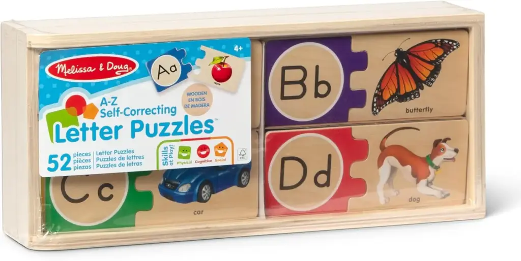 Melissa & Doug – Self-Correcting Alphabet Wooden Puzzles with Storage Box